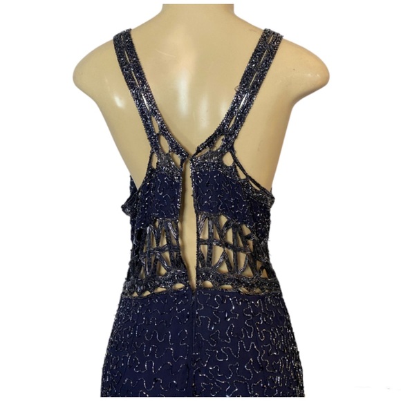 Scala Womens Beaded Sequin Maxi Dress Vintage Blue Silk Formal Evening Gown XXL - Picture 9 of 16